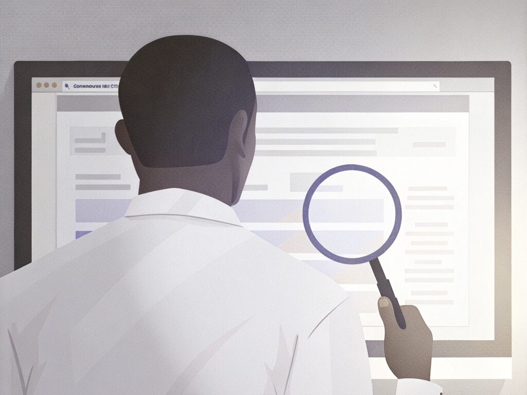 모니터 검색 결과를 돋보기로 보고 있는 남자의 뒷모습