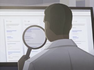 모니터를 돋보기로 보고 있는 남자의 뒷모습