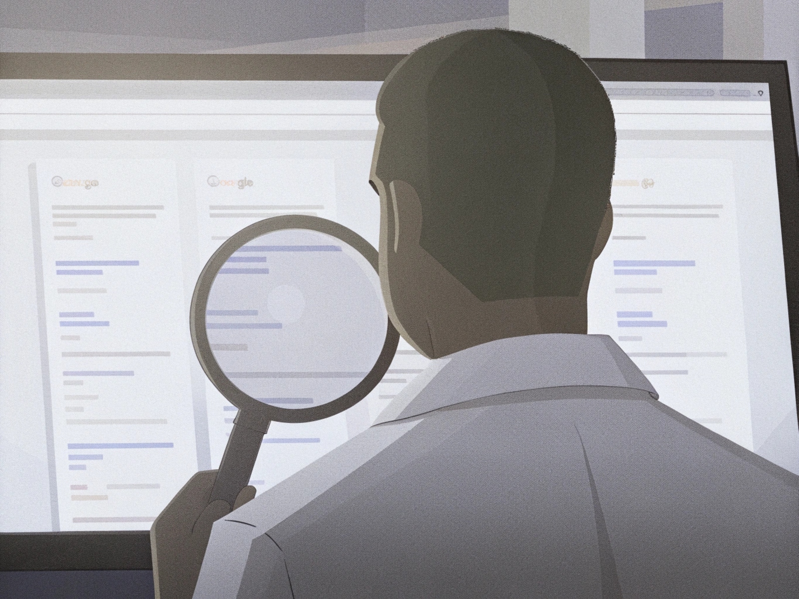 모니터를 돋보기로 보고 있는 남자의 뒷모습