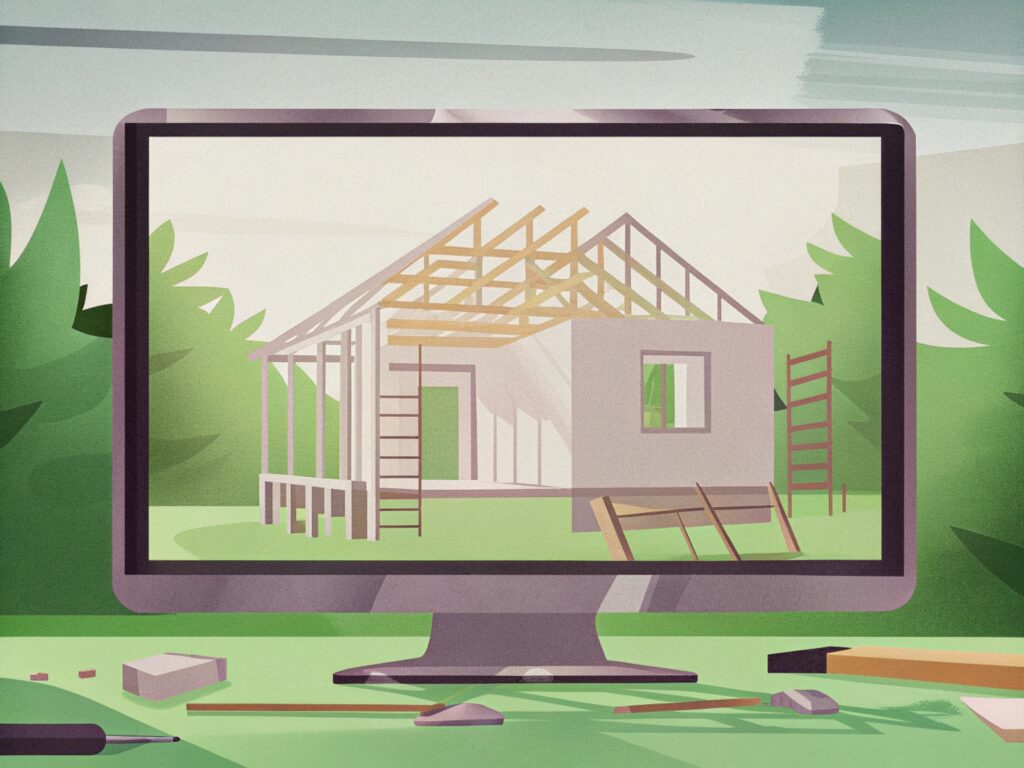 모니터 안에서 집을 짓고 있는 모습